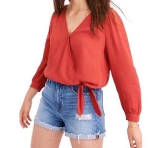 Madewell Red Wrap Long Sleeve Tie Front Blouse